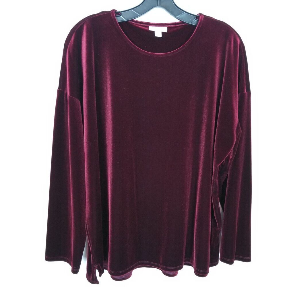 J. Jill Velvet Women Velour Blouse Top Sz L Purple Long Dolman Sleeve Round Neck